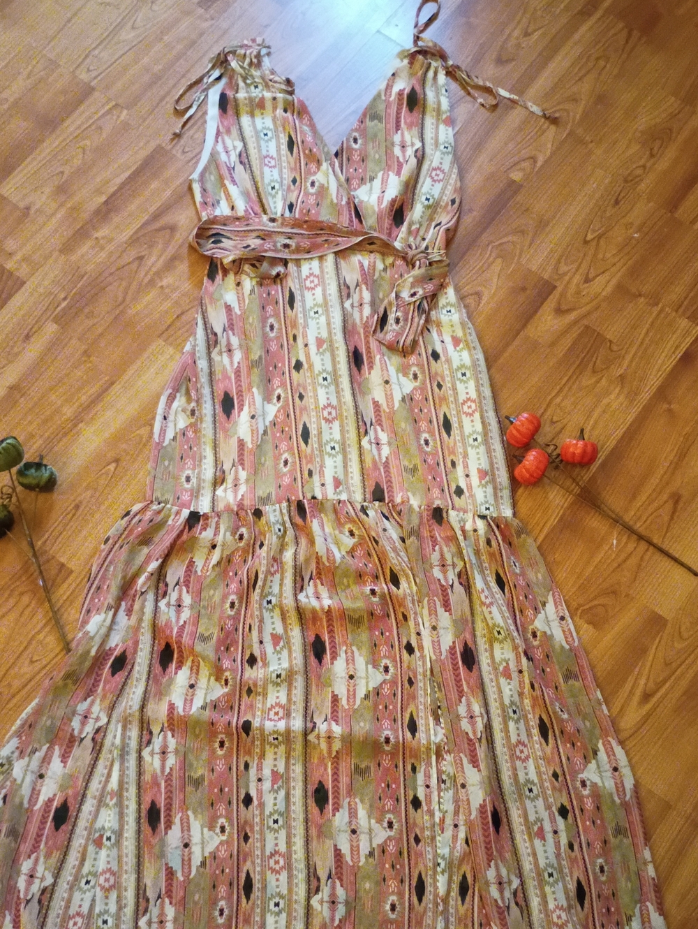Lulu's Multi-Stripe Tribal Maxi Dress in Rust, Olive & Cream